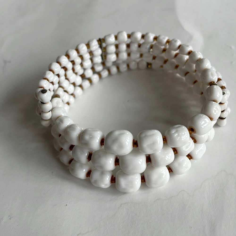 Vintage White Milk Glass Wire Cuff Bracelet